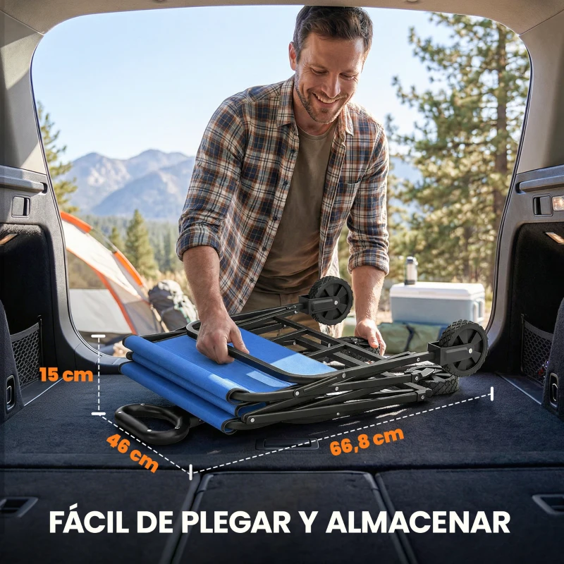 Outsunny Carro de Jardín Plegable con Ruedas Mango Ajustable Carga 68 kg para Campaña Compra 81x45x89 cm Azul