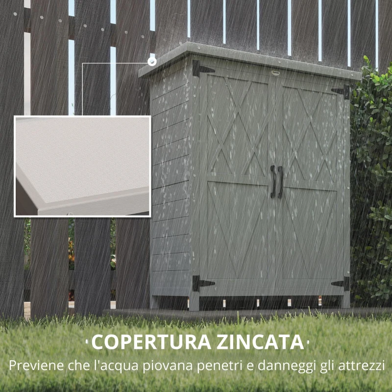 Outsunny Armadio da Giardino in Legno per Attrezzi, con 4 Ripiani 2 Porte, 75x40x90 cm, Grigio