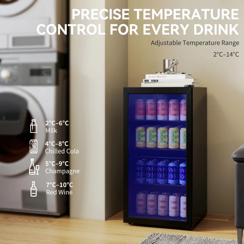 HOMCOM Mini lodówka 93L chłodziarka z przeszklonymi drzwiami, regulowanymi półkami, LED, regulacją temperatury, 47,2 x 43,7 x 83,3 cm Czarna