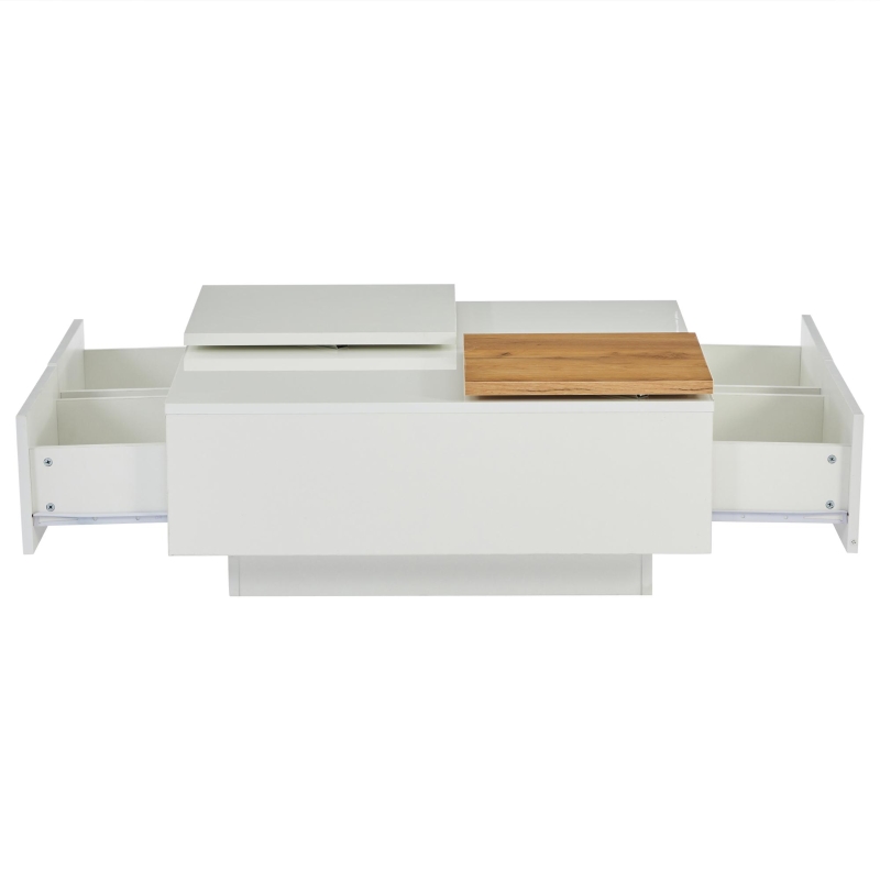 Tavolino da caffè moderno e lucido con piani scorrevoli e 4 cassetti, 75x75x33 cm, Bianco e color legno