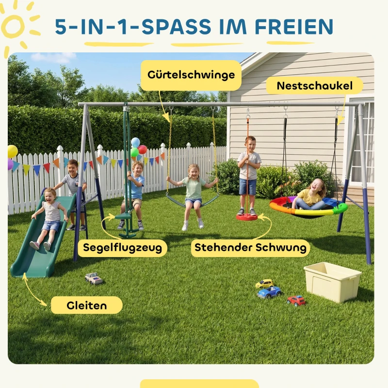 AIYAPLAY 5 in 1 Schaukelgestell mit Rutsche höhenverstellbar Schaukelgerüst mit Nestschaukel 382x196 x203 cm Mehrfarbig
