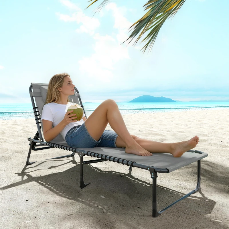 Outsunny Bain de Soleil transat Pliable Dossier inclinable Multi-Positions Acier thermoplastique Lacets élastiques Noir textilène Gris
