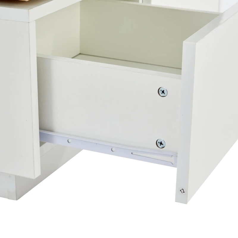 Tavolino da caffè moderno e lucido con piani scorrevoli e 4 cassetti, 75x75x33 cm, Bianco e color legno