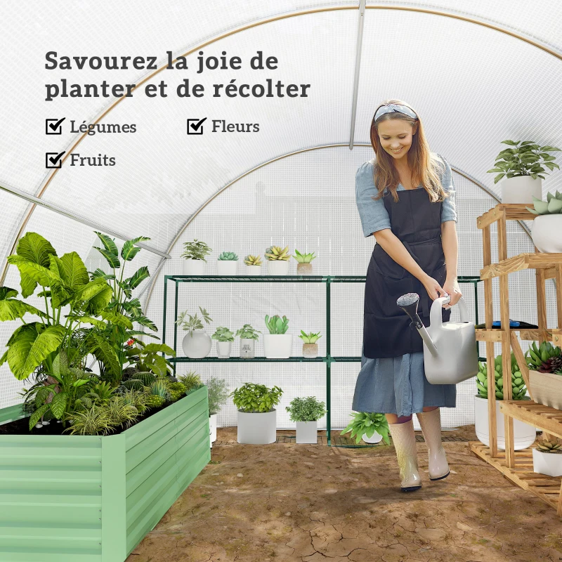 Outsunny Serre de jardin tunnel 9 m² 4 fenêtres, porte zippée enroulable châssis acier galvanisé, bâche PE 3 x 3 x 2 m blanc