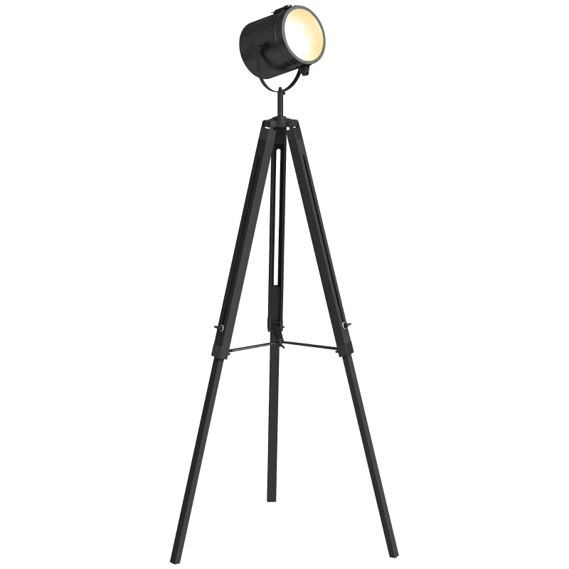 HOMCOM Industrial Tripod Floor Lamp, Nautical Searchlight with Adjustable Height, Wood Legs, E14 Lamp Base for Living Room, Bedroom, Black