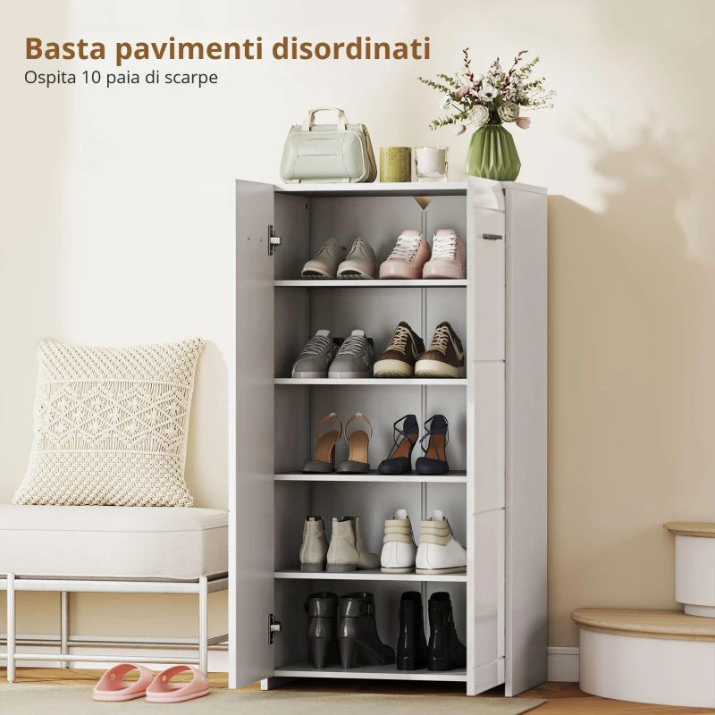 HOMCOM Scarpiera lucida, mobile porta-scarpe con ripiani regolabili per ingresso, corridoio, spazio per 10 paia, Bianco