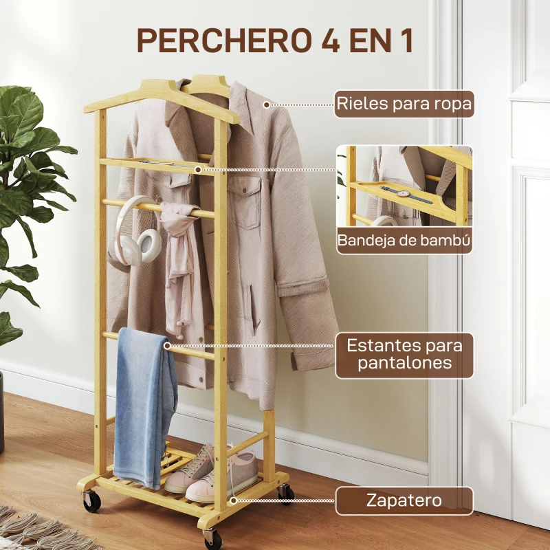 HOMCOM Galán de Noche de Bambú con Ruedas Colgadores Barras para Pantalones Bandeja y Zapatero 47x33,7x105,5 cm Natural