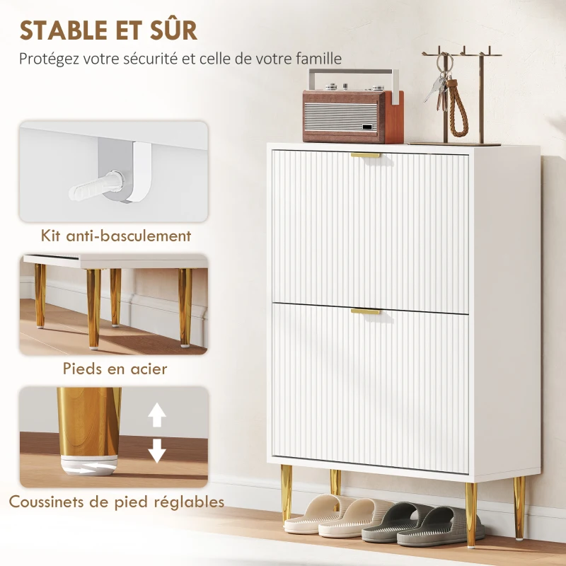 HOMCOM Meuble à chaussures 12 paires avec 2 tiroirs rabattables, portes cannelées et étagères réglables, 60x24x91,5cm, blanc