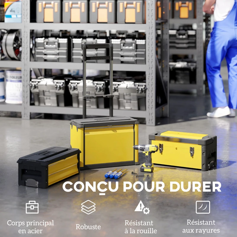 HOMCOM Lot de 3 boîtes à outils sur roulettes empilables et modulaires en acier avec plateau, poignées et serrure, jaune