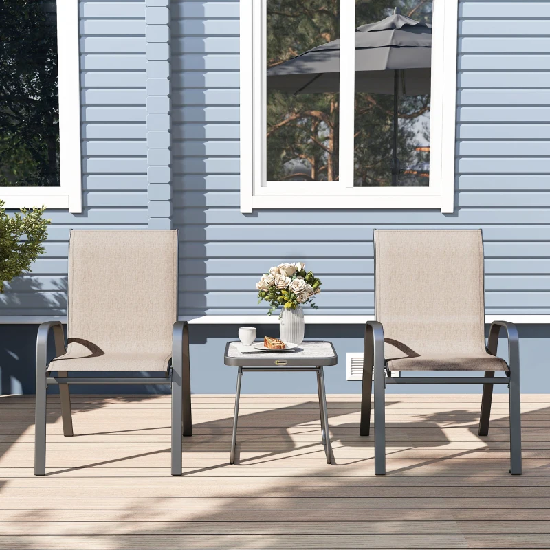 Outsunny 3 Pieces Outdoor Bistro Set, Patio Stackable Armchairs with Breathable Mesh Fabric and SPC Board Coffee Table, Brown