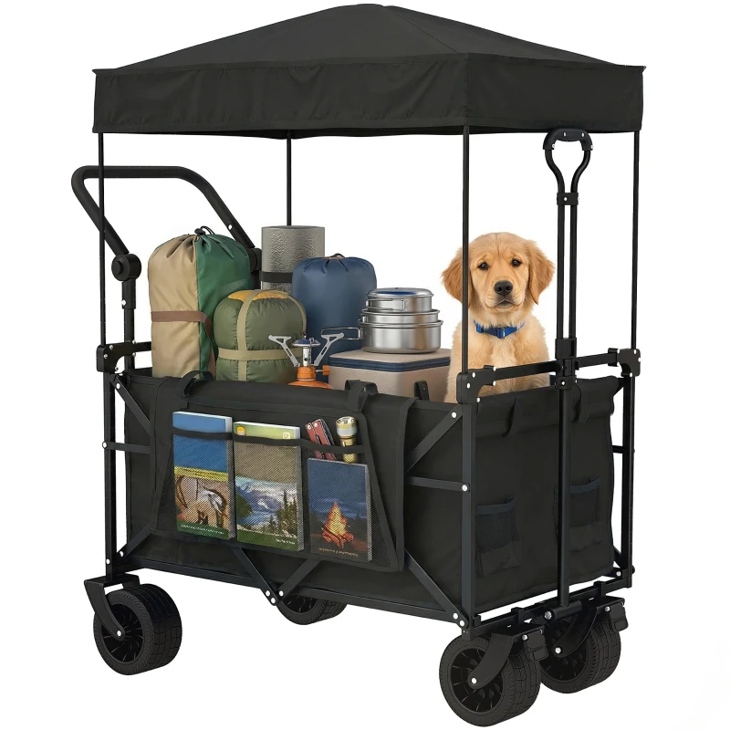 Outsunny Carro de Jardín Plegable con Ruedas Grandes Bloqueables Barra Ajustable Portavasos para Campaña 125x59x133 cm Negro