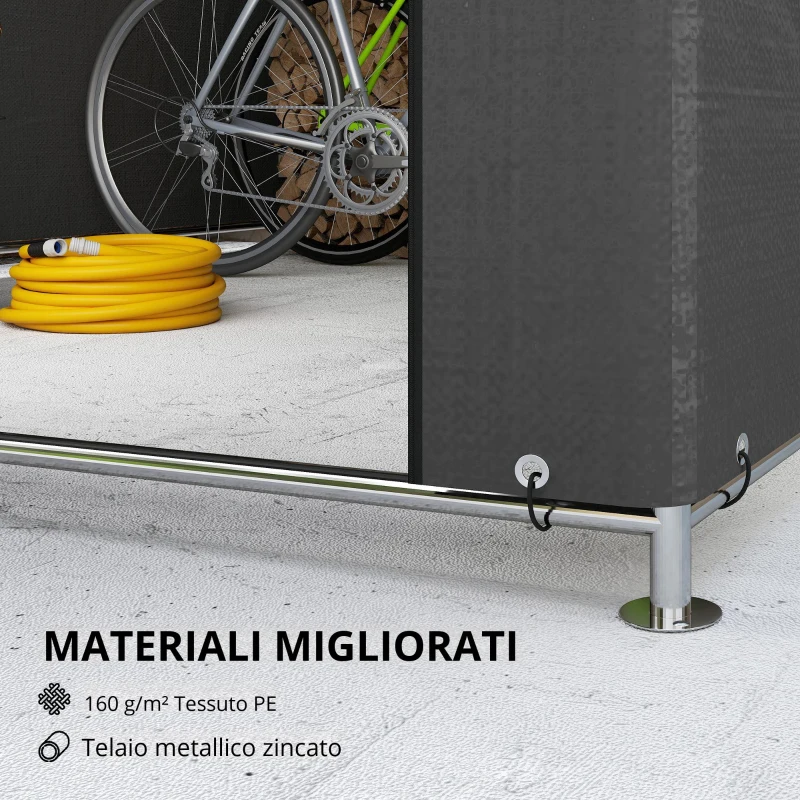 Outsunny Casetta da giardino tenda di deposito impermeabile riparo moto porta avvolgibile con cerniera, 200 x 238 x 183 cm, grigio scuro