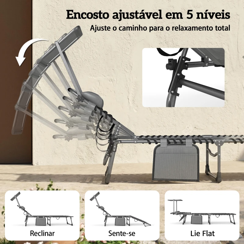 Outsunny Conjunto de 2 Espreguiçadeiras Jardim Dobráveis com Encosto Reclinável 5 Posições e Assento em Malha Cinza