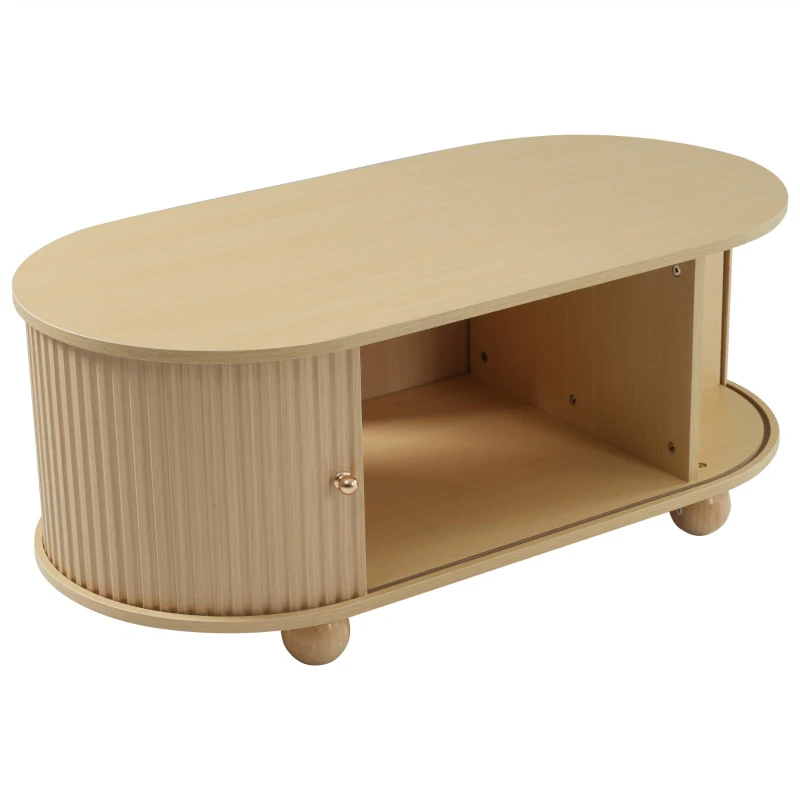 Table basse ovale avec rangement et portes coulissantes, 100x50x40 cm, Couleur naturelle