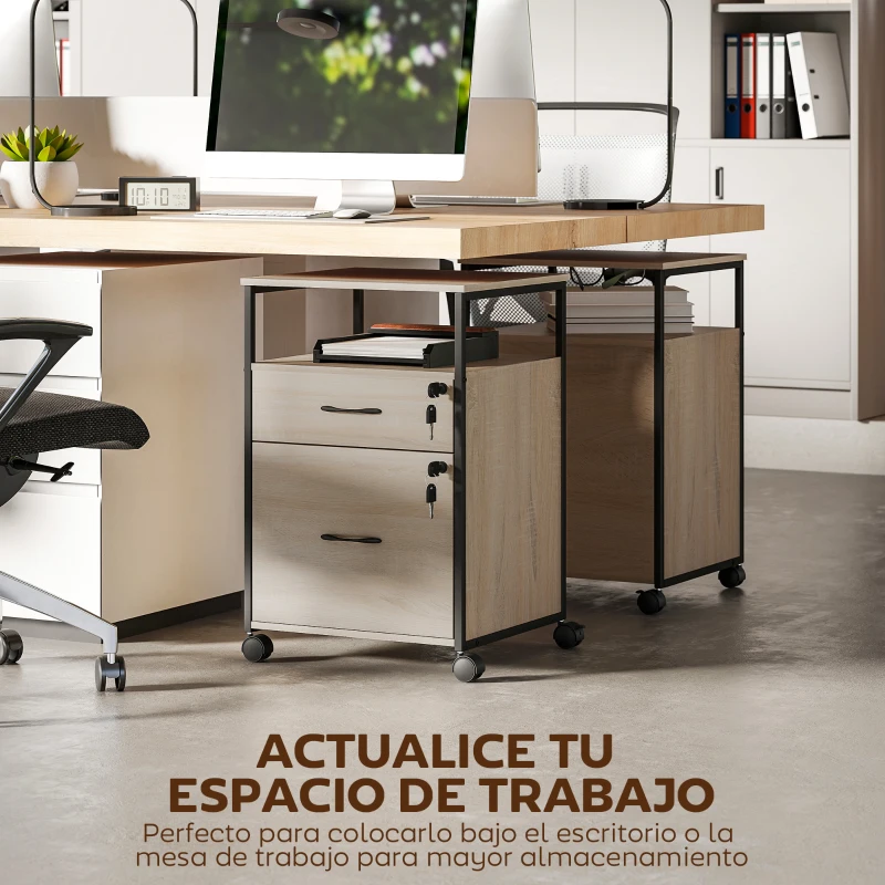 Vinsetto Cajonera de Oficina Cajonera para Escritorio con 2 Cajones y Ruedas para Tamaño Carta A4 44x40x66,5 cm Tono Madera