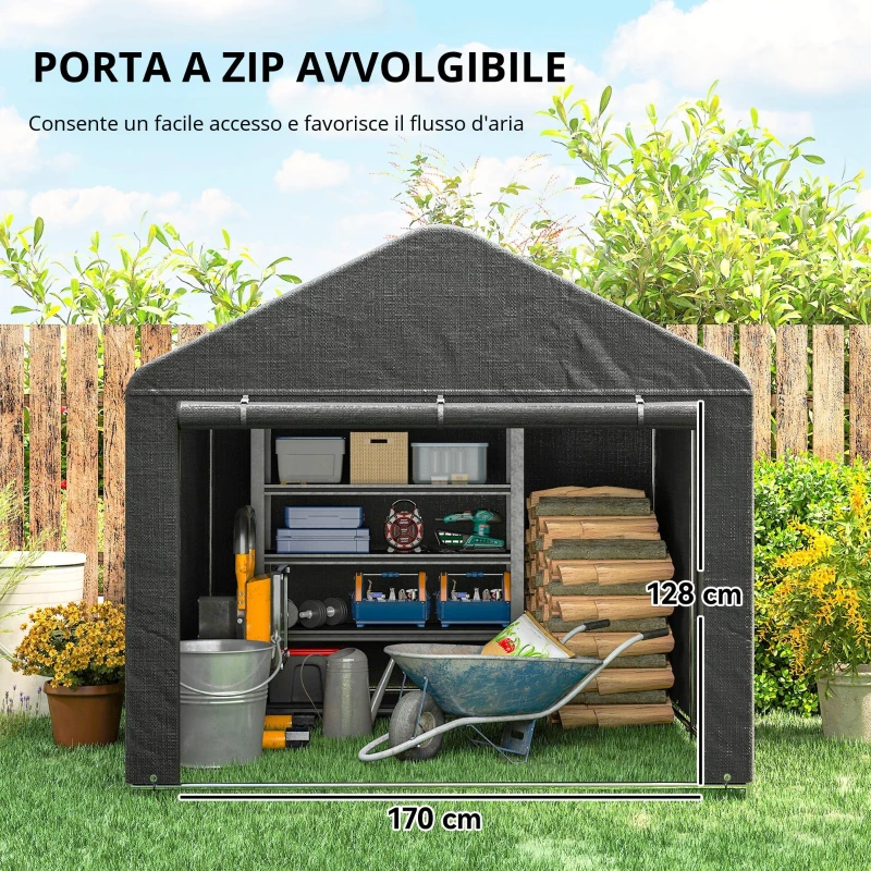 Outsunny Casetta da giardino tenda di deposito impermeabile riparo moto porta avvolgibile con cerniera, 200 x 238 x 183 cm, grigio scuro