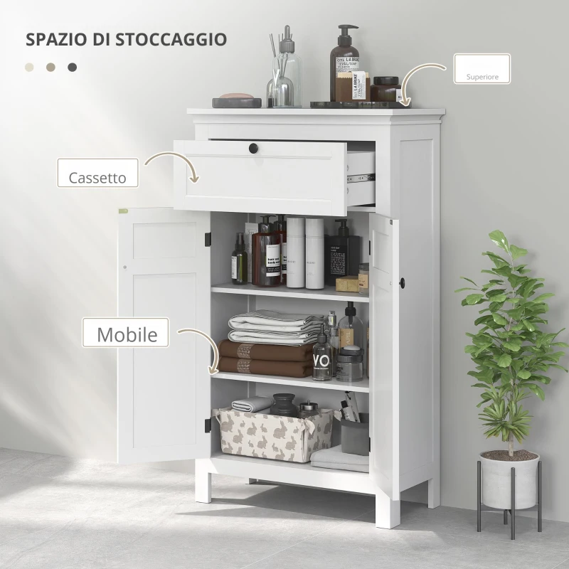 HOMCOM Mobiletto da Bagno con Cassetto e Ripiani Regolabili, Armadio Archiviazione in Piedi, Altezza 102,5 cm, Bianco