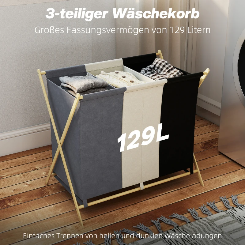 HOMCOM Wäschekorb mit 3 Fächern 129L Klappbar Wäschesammler für Waschküche Schlafzimmer Mehrfarbig