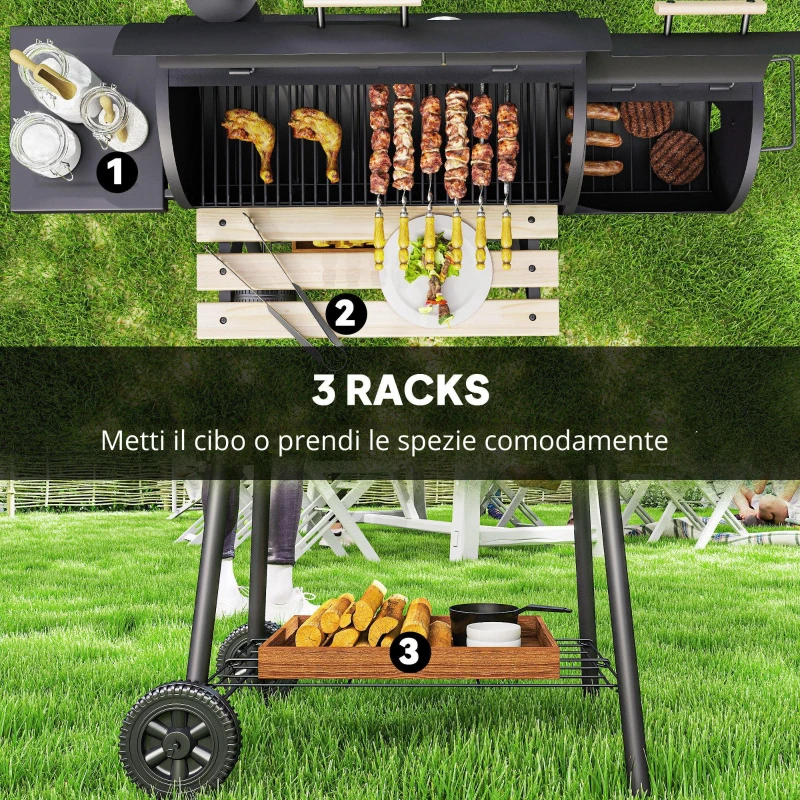 Outsunny Barbecue a Carbone con Coperchio e Affumicatore, BBQ da Giardino con Ripiani e Ruote 124x53x104 cm, Nero