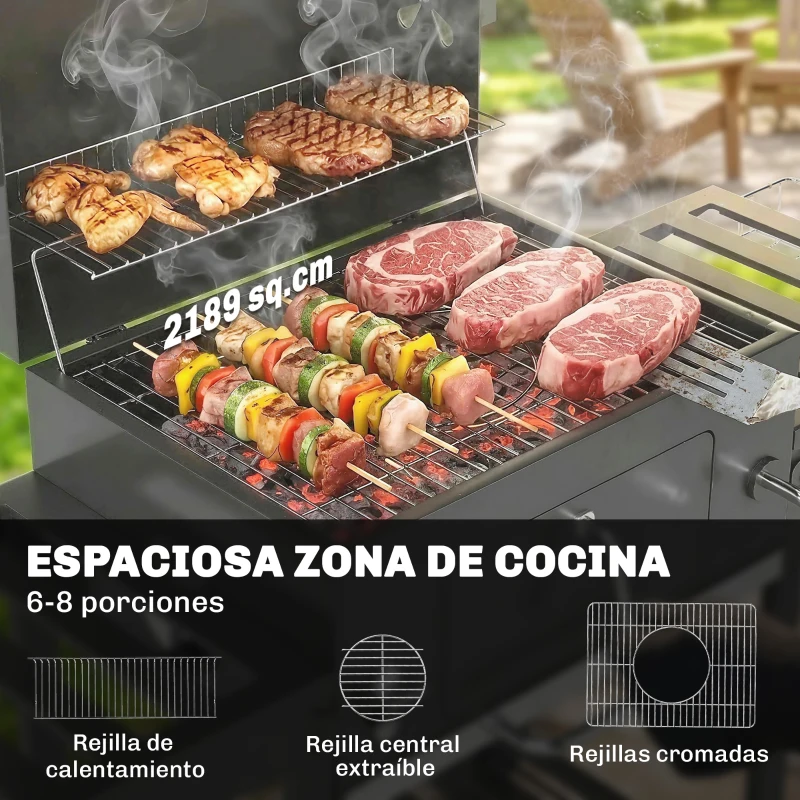 Outsunny Barbacoa de Carbón con Bandeja Ajustable Estantes Plegables Ruedas Termómetro Tapa Chimenea Ventilaciones y Cesta