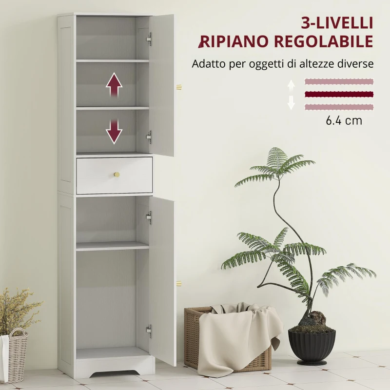 HOMCOM Armadietto Alto da Bagno Stretto con 2 Porte Arco Cassetto e Ripiani Regolabili Moderno 40x29,5x170 cm Bianco