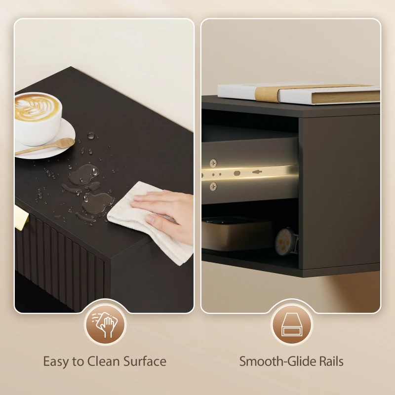 HOMCOM Set of 2 Wall Mounted Nightstands, Floating Bedside Tables with Fluted Drawer and Open Shelf for Small Bedroom, Black