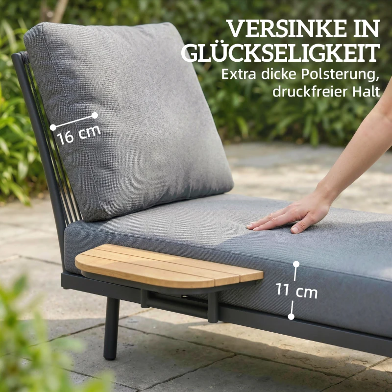 Outsunny Sonnenliege schmale Gartenliege mit dicke waschbare Kissen Seitenablage Bänder bis 120 kg UV-beständig