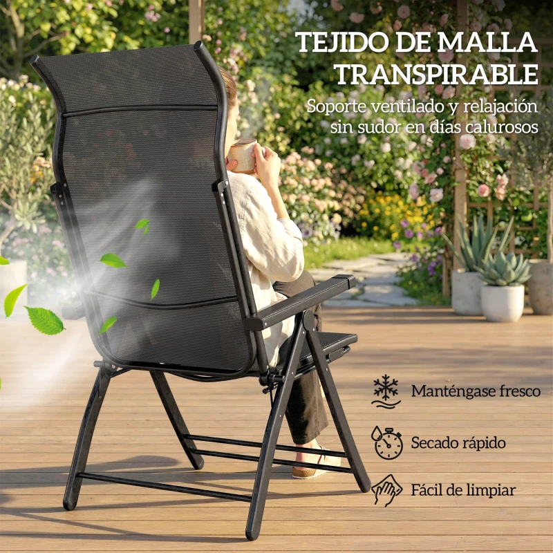 Outsunny Pack de 2 Sillas Plegables Reclinables de Jardín Exterior con Respaldo Alto Ajustable en 5 Posiciones Reposapiés Gris