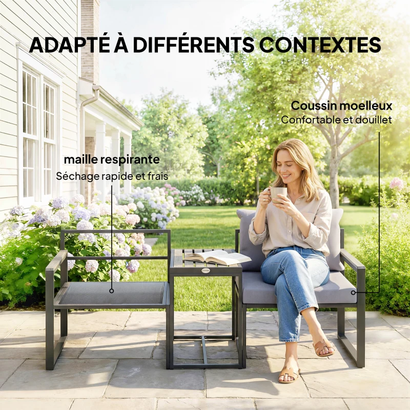 Outsunny Salon de jardin 3 pièces coussins 14cm et accoudoirs en composite bois-plastique 2 fauteuils et table d'appoint gris
