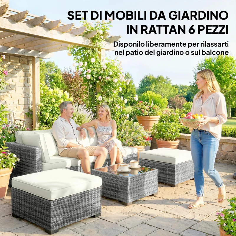 Outsunny Mobili da Giardino 6pz in Rattan e Acciaio con Divano, Tavolino e Cuscini, Grigio