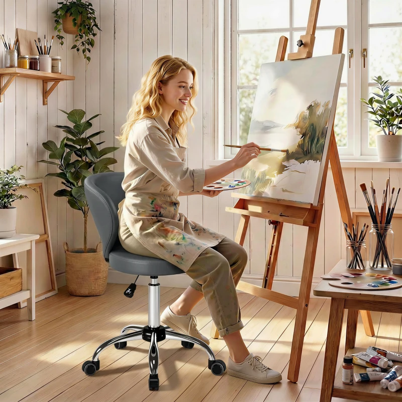 HOMCOM Taburete con ruedas, taburete de masaje en PU con altura regulable 73-88 cm y respaldo, giratorio 360°, gris