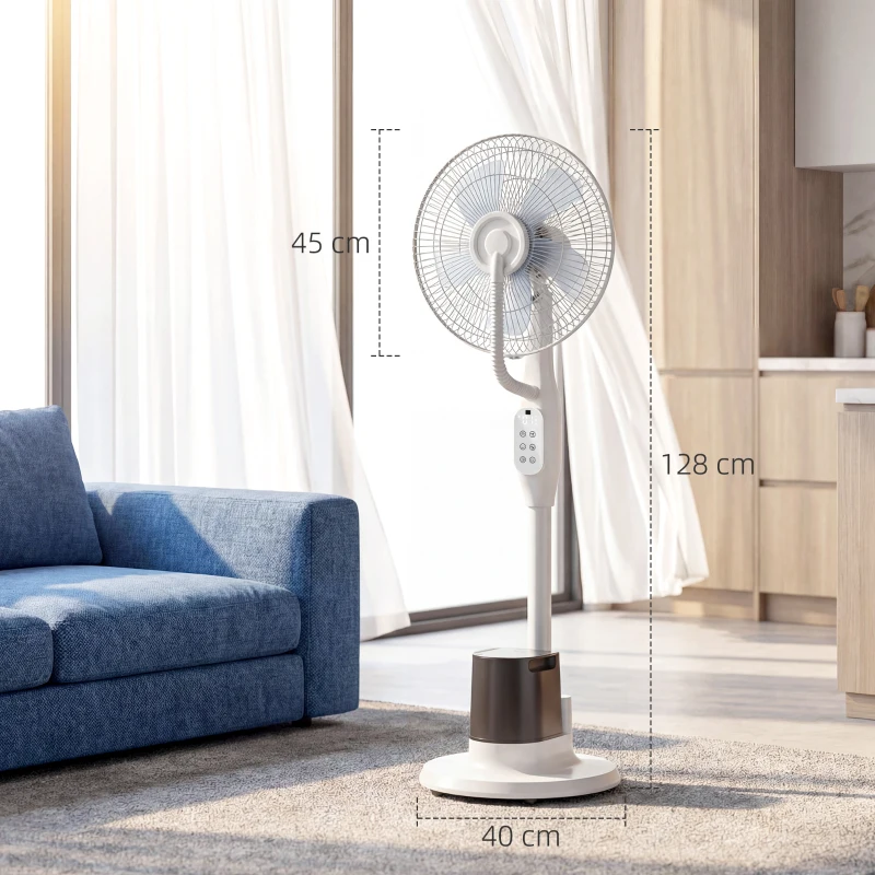HOMCOM Ventilador de pie con niebla pulverizada, 70° oscilación, 3 velocidades, 3 modos, depósito de agua 3,5L, Blanco