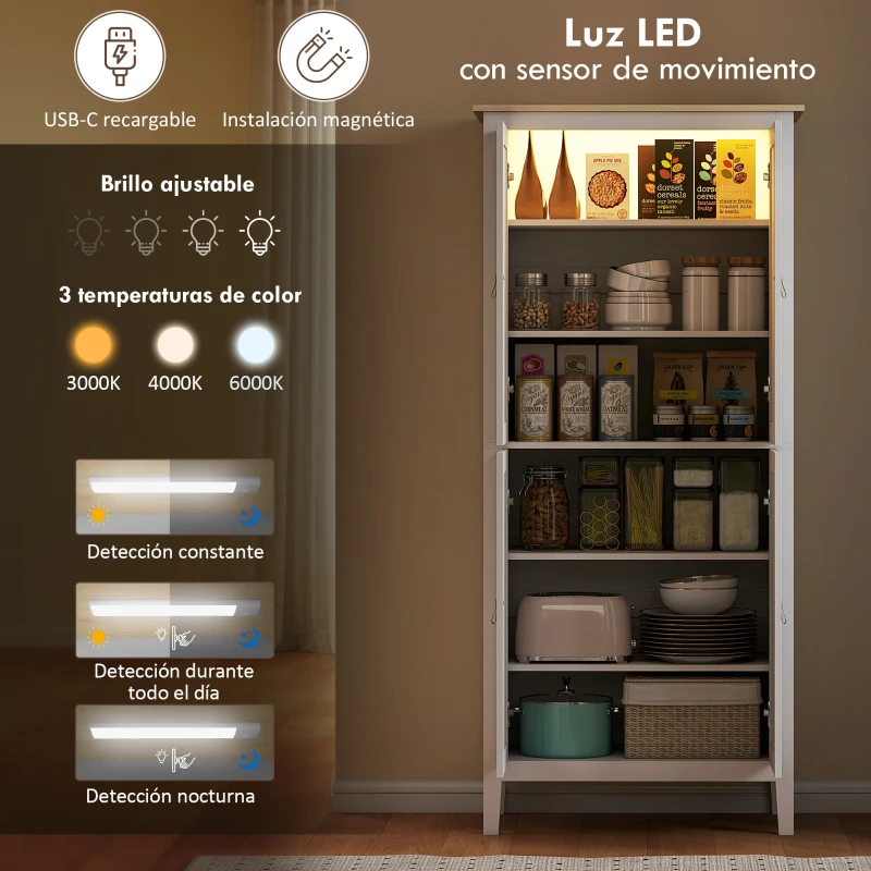 HOMCOM Alacena de Cocina Alta con Luz LED Sensor de Movimiento Iluminación Regulable en 3 Colores Blanco