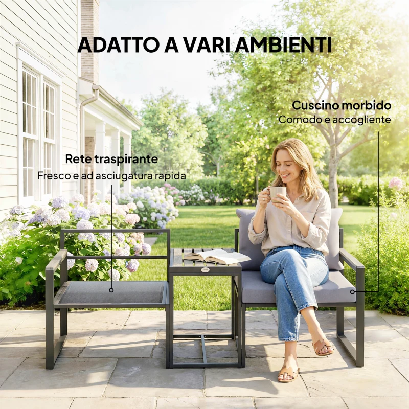 Outsunny Set da Esterno 3pz con Tavolo da Giardino e 2 Sedie con Seduta in Texteline e Cuscini, Grigio