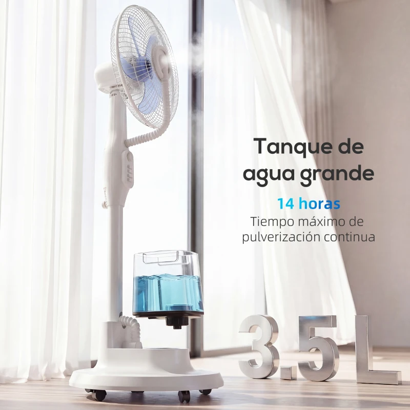HOMCOM Ventilador Nebulizador 90W Oscilación de 70° 3 Velocidades 5 Aspas Depósito de Agua de 3,5L 5 Ruedas Blanco