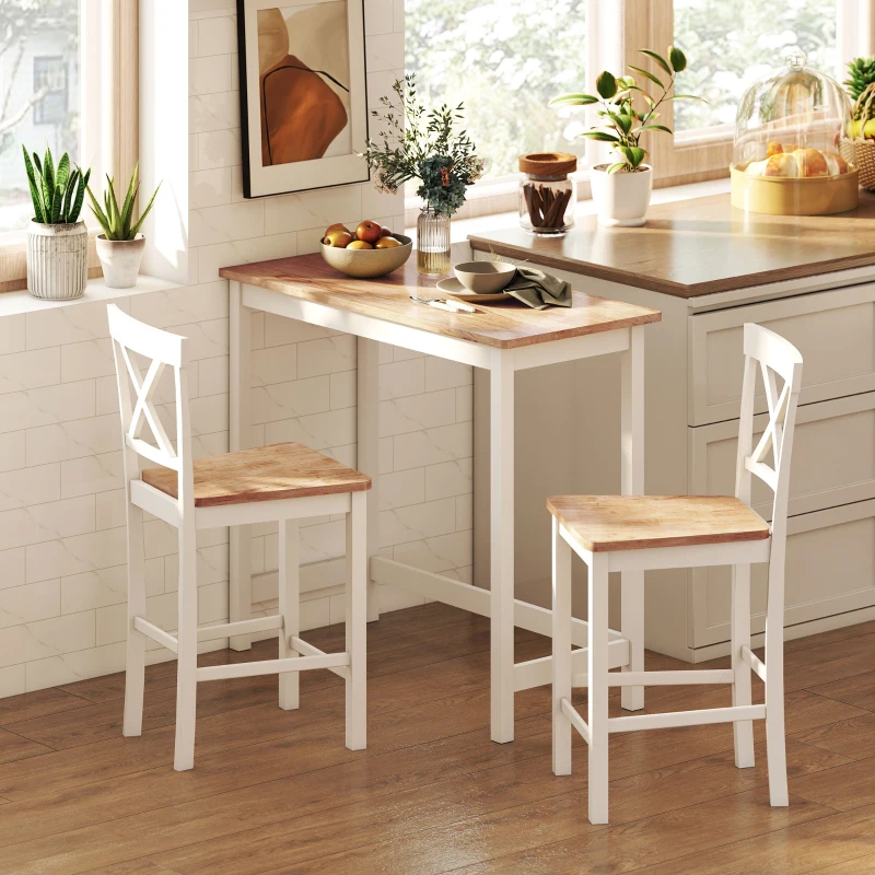 HOMCOM Zestaw 2 Krzeseł Barowych z Oparciem i Podnóżkiem, Drewno Kauczukowe, dla Kuchni, Jadalni, Baru, Dąb+Biały