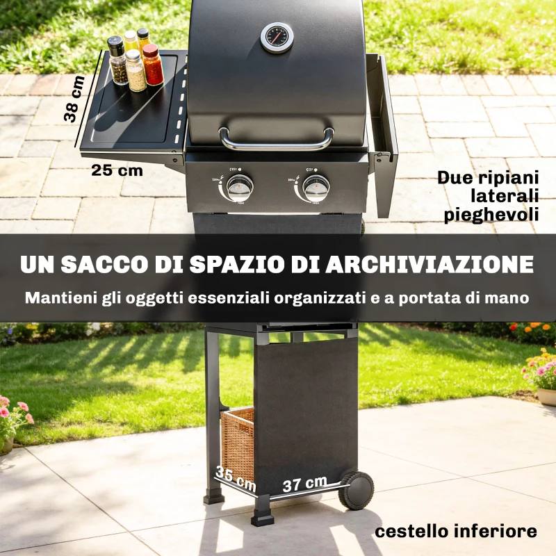 Outsunny Barbecue a Gas Propano con 2 Bruciatori, Portatile, Termometro, Nero