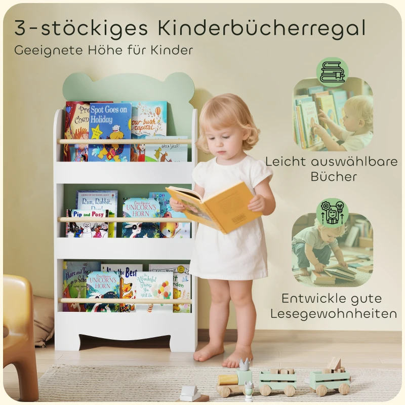 AIYAPLAY Bücherregal Kinder, 3-stufiges Kinderregal mit Bärenthema für Bücher Spielzeug Kinderzimmer, 55 x 15 x 110 cm, Grün