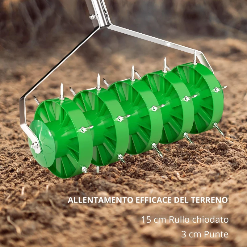 Outsunny Rullo Aeratore per Prato con Punte e Manico Smontabile in Tre Pezzi, Verde