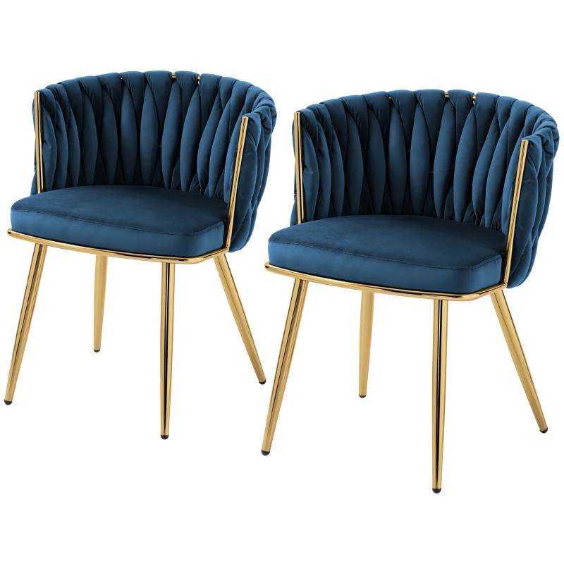 HOMCOM Velvet-Feel Dining Chairs Set of 2, Modern Upholstered Armchair with Knot Design and Golden Metal Legs, Accent Chair for Dining Room, Bedroom, Kitchen, Living Room, Dark Blue