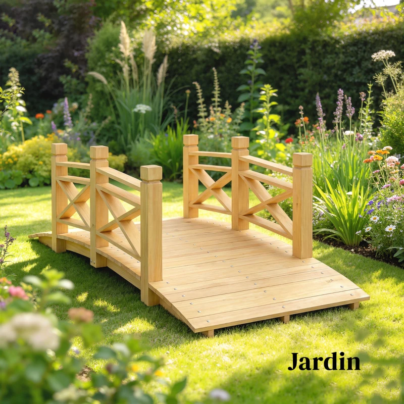 Outsunny Pont de Jardin en Bois Carbonisé Arqué Main Courante Sécurisée et Charge 200kg 174 x 78 x 57,5 cm Naturel