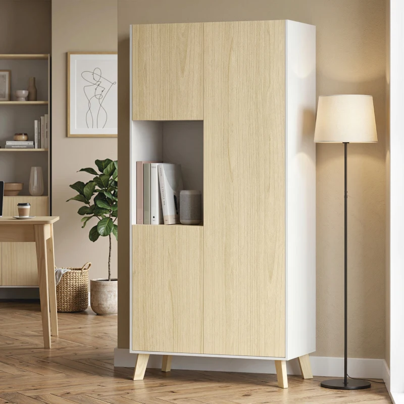 HOMCOM Dulap de bucătărie 170 cm, dulap modern cu compartiment deschis, polițe reglabile, aspect lemn natural