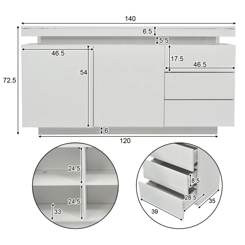 Madia moderna minimal e lucida con 2 ante e 3 cassetti, 140x35x72.5 cm, Bianco