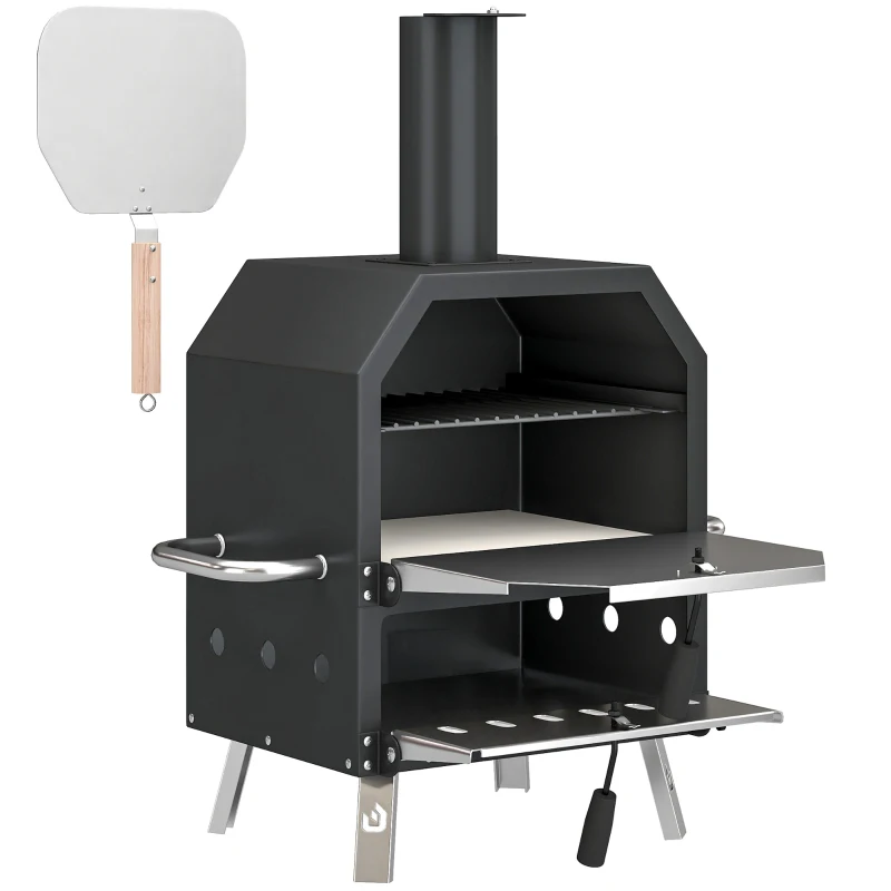 Outsunny Four à Pizza Extérieur à Bois et Charbon 2 Étages Combiné Barbecue Fumoir Pierre de 30 cm et Pelle Portable Noir