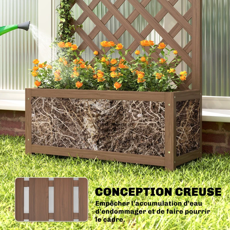 Outsunny Jardinière avec treillis, bac à fleurs, pour plantes grimpantes, légumes, fleurs, en bois massif, 70x28x117cm café foncé