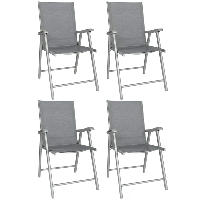 Outsunny Conjunto de 4 Sillas de Jardín Exterior Plegables con Respaldo Alto y Reposabrazos para Terraza Playa 58x62x97 cm Gris