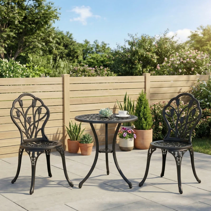 Outsunny Three-Piece Aluminium Floral Bistro Garden Set - Black