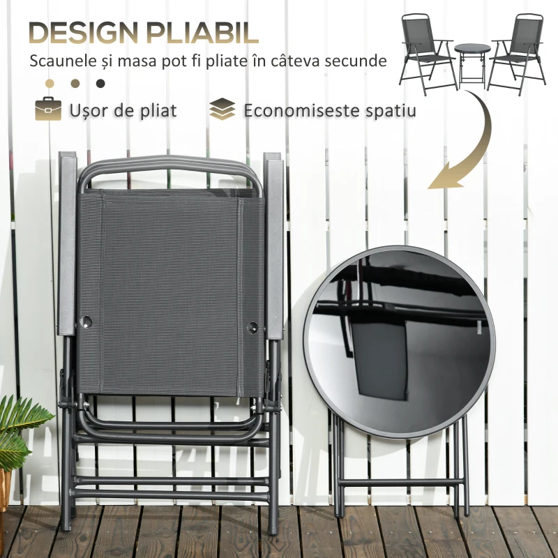 Outsunny Set de grădină 3 piese cu 2 scaune 53.5x64x93 cm și măsuță de cafea Ø45x50 cm, din metal, gri închis