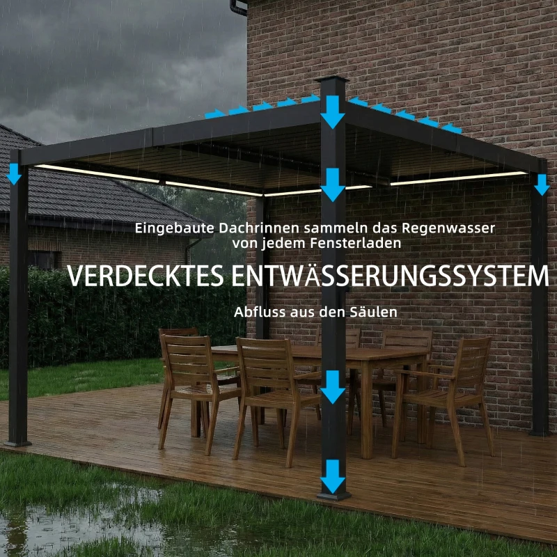 Outsunny Pergola 3 x 3 m Terrassenüberdachung mit Solar LED-Beleuchtung verstellbar Lamellendach Kurbelgriff Entwässerungsrinnen