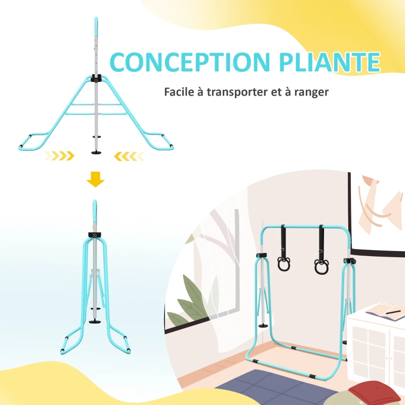 HOMCOM Barre de gymnastique pour enfants, barre horizontale pliable à hauteur réglable avec anneaux de gymnastique, cyan